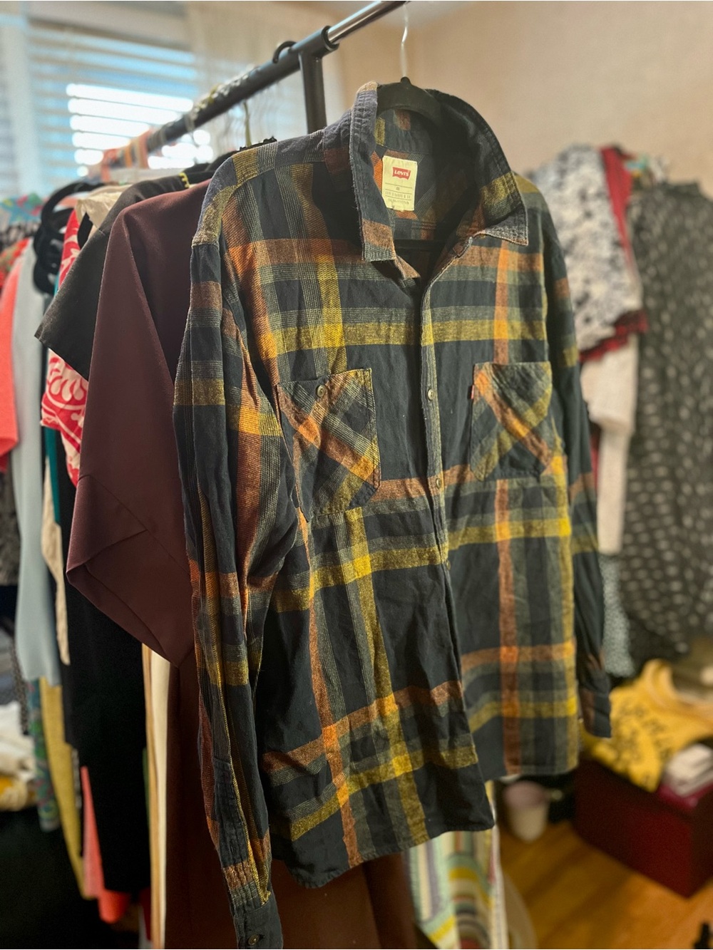 Levi's Navy Plaid Shirt Jacket with Yellow & Orange Stripes